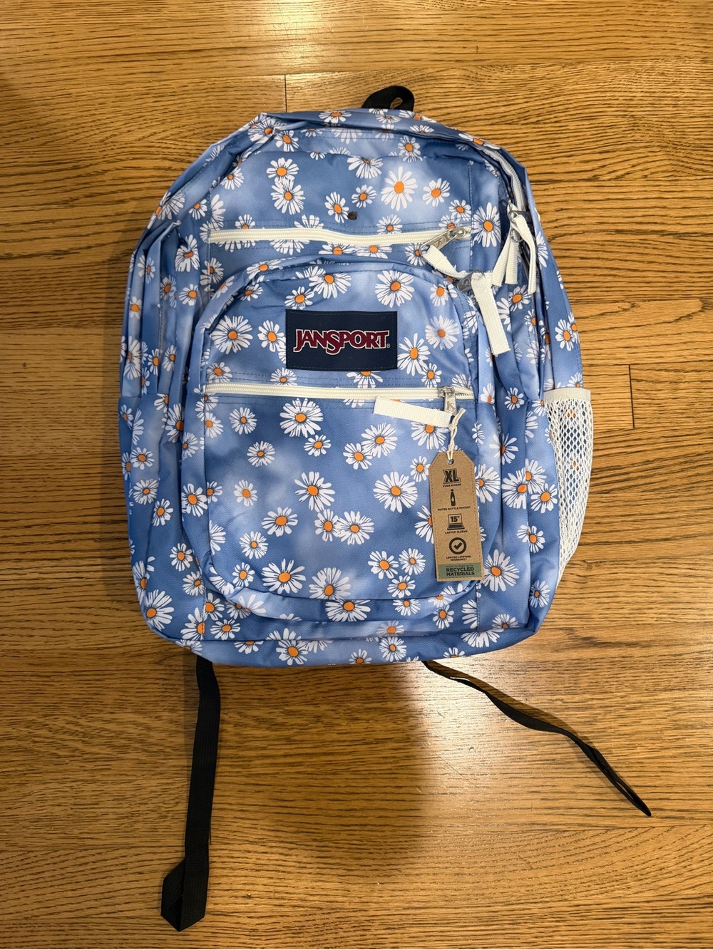Jansport Daisy Print Kids Backpack - Light Blue with White & Yellow Flowers